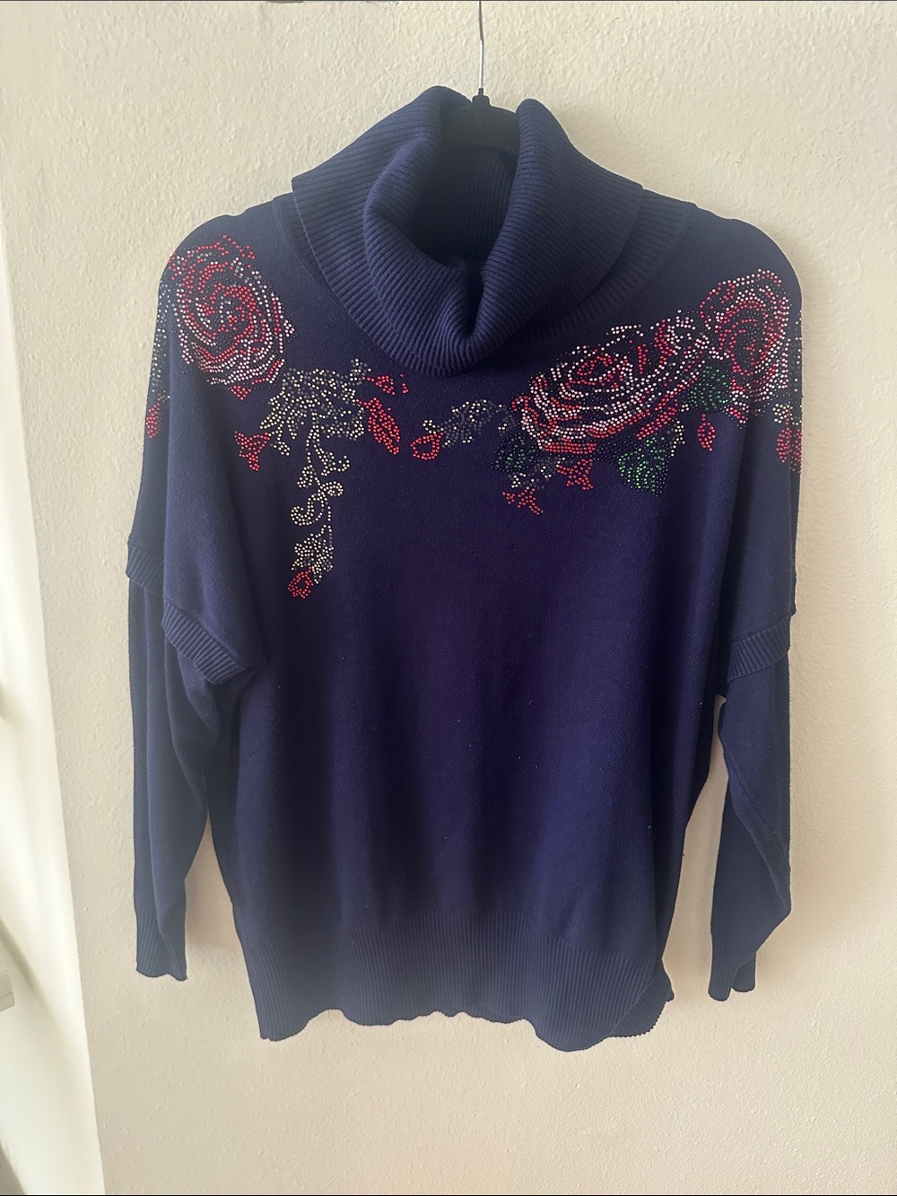 Women's Navy Cowl Neck Sweater with Rhinestone Floral Detail
